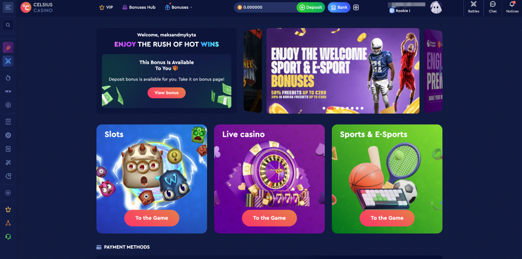 celsius casino desktop interface